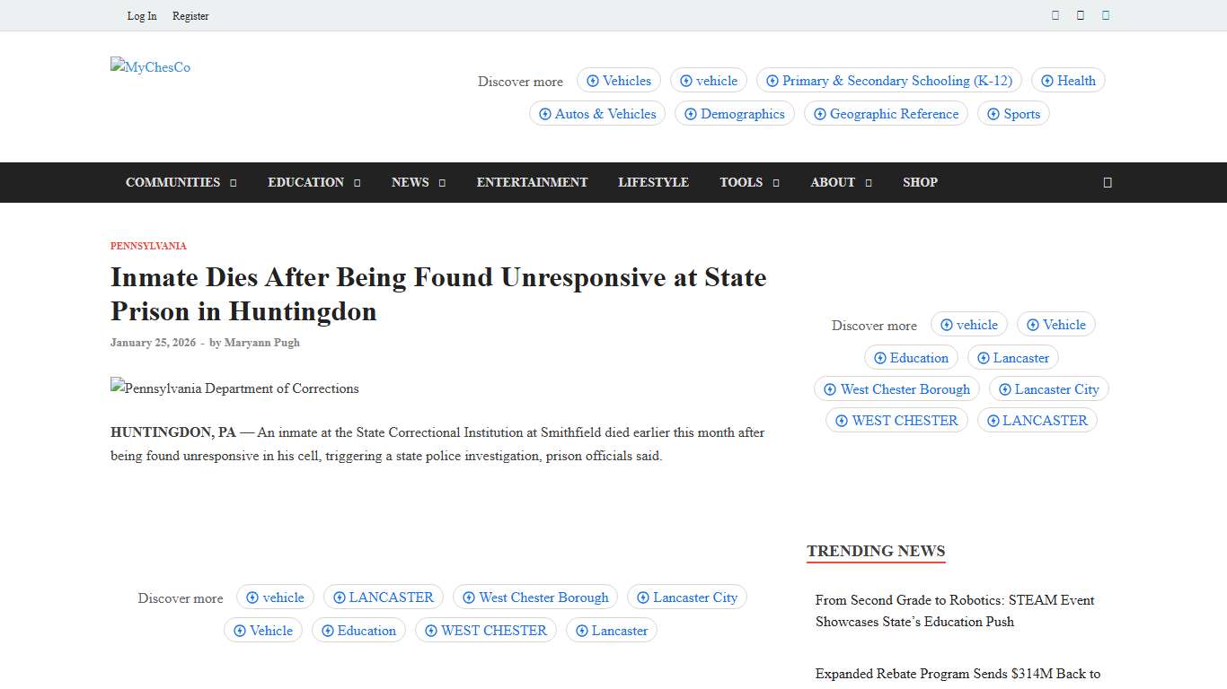 Inmate Dies After Being Found Unresponsive at State Prison in Huntingdon - MyChesCo