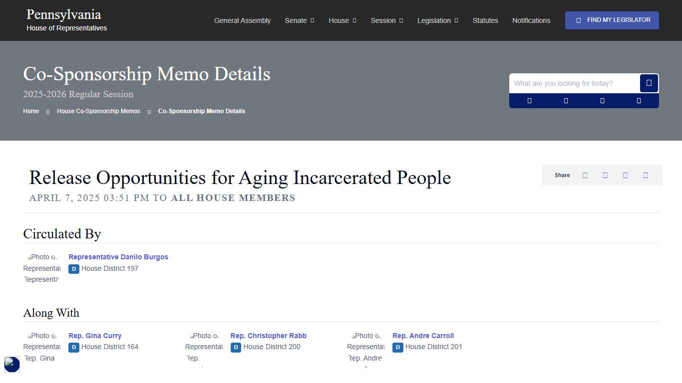 House Co-Sponsorship Memo 46337 Information; 2025-2026 Regular Session - PA House of Representatives